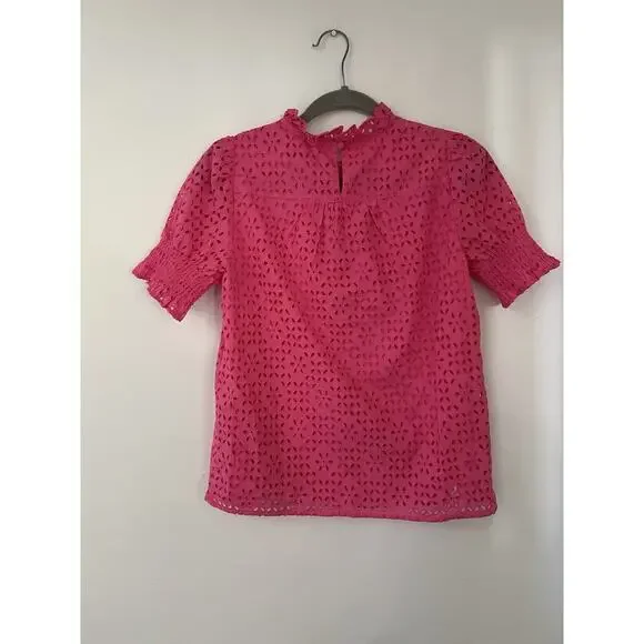 J.CREW Hot Pink Eyelet Smocked Short Sleeve Blouse Size xxs Ruffle 100% Cotton - Picture 3 of 6